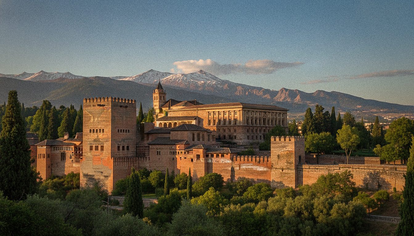 Torens van het Alhambra-paleis in Granada bij zonsondergang met de Sierra Nevada op de achtergrond