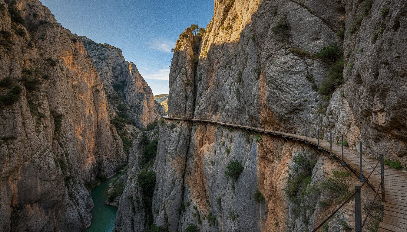 Smal wandelpad tegen de rotswand van de kloof bij Caminito del Rey
