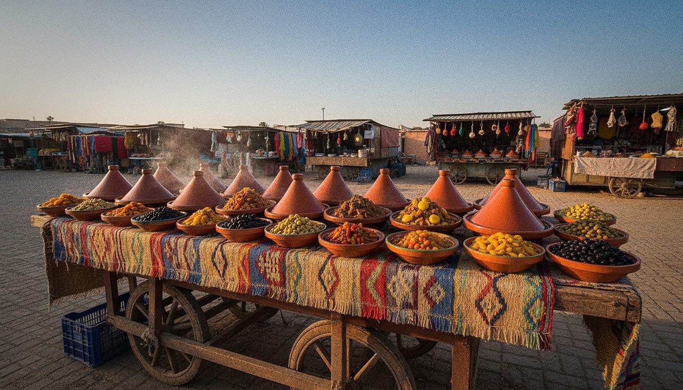 Tajines met stoofschotels uitgestald op een Marokkaanse marktkraam