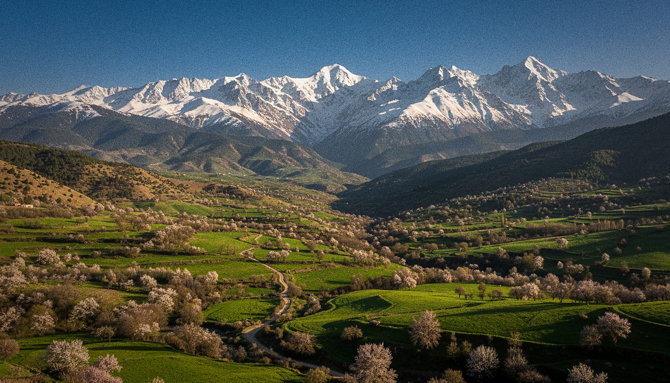 Besneeuwde toppen van het Atlasgebergte boven groene voorjaarsvalleien in Marokko