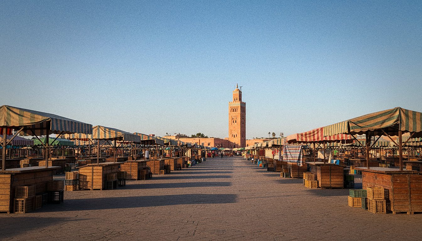 Jemaa el-Fnaa plein in Marrakech bij zonsondergang met kraampjes en de Koutoubia-moskee op de achtergrond