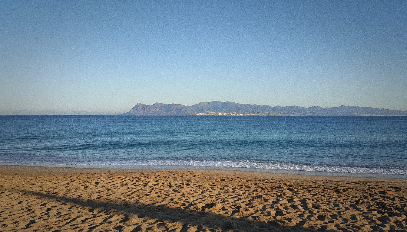 Uitzicht vanaf het strand van Tarifa over de Straat van Gibraltar richting Marokko